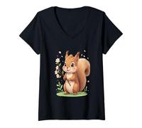 Femme Écureuil avec Fleur Illustration Animale T-Shirt avec Col en V