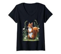 Femme Écureuil avec Fleurs Sauvages Illustration T-Shirt avec Col en V