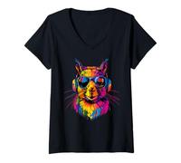 Femme Écureuil avec Lunettes de Soleil Animaux Doux Écureuils T-Shirt avec Col en V