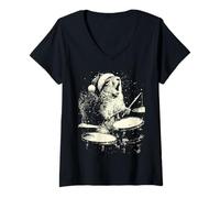 Femme Écureuil de Noël Jouant de la Batterie Animal Batteur Punk Grunge T-Shirt avec Col en V