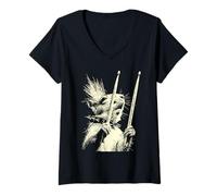Femme Écureuil Jouant de la Batterie drôle Musicien Animal Batteur Punk T-Shirt avec Col en V