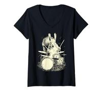 Femme Écureuil Jouant de la Batterie drôle Musique Animal Batteur Graphique T-Shirt avec Col en V