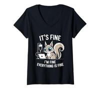 Femme Écureuil Mignon avec Ordinateur Portable Coffee IV Everything is Fine T-Shirt avec Col en V