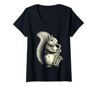 Femme Écureuil Mignon Jouant du Saxophone Musicien de Jazz Amusant T-Shirt avec Col en V