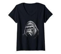 Femme Edgy Gorilla Smoking Cigarette Gravure Style Primate Art T-Shirt avec Col en V