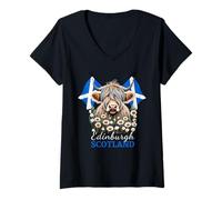 Femme Édimbourg Écosse Highland Cow Scottish Ancestry Vacation T-Shirt avec Col en V