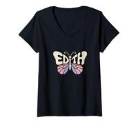 Femme Edith Butterfly - Word Art personnalisé avec nom Mignon T-Shirt avec Col en V