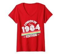 Femme Edition spéciale limitée année de Naissance 1984 T-Shirt avec Col en V, Rouge, XXL