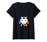 Femme EDM Music Trippy des années 80 Pixel Alien Vaporwave Techno Rave Party T-Shirt avec Col en V
