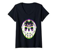 Femme EDM Techno Masque Hockey Rave Masque Hockey T-Shirt avec Col en V