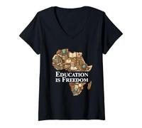 Femme Education is Freedom Afrique Livres Silhouette T-Shirt avec Col en V