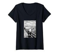 Femme Edvard Munch Scream Lino Impression Artistique T-Shirt avec Col en V