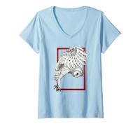 Femme Effraie des Clochers Cadre Rouge Tatouage Esthétique Dotwork T-Shirt avec Col en V