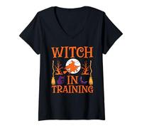Femme Effrayant sur son balai Halloween fête effrayante sorcière en formation T-Shirt avec Col en V