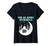 Femme Eid Al Adha Mubarak 2026 Happy Eid for Muslims - Eid Mubarak T-Shirt avec Col en V