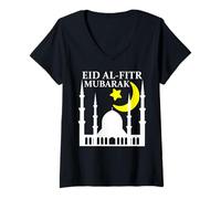 Femme Eid Al Fitr Mubarak 2026 Happy Eid for Muslims - Eid Mubarak T-Shirt avec Col en V