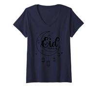 Femme Eid Mubarak Joyeux Ramadan Islam Fête Islamique Musulmane T-Shirt avec Col en V