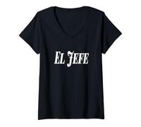 Femme El Jefe The Boss Bold Large White Texte Graphique T-Shirt avec Col en V