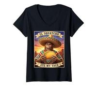 Femme El Squatcho Ate My Taco Illustration Humoristique Cryptid T-Shirt avec Col en V