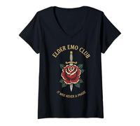 Femme Elder Emo Club Rose Rétro T-Shirt avec Col en V