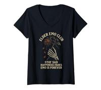 Femme Elder Emo Club Stay Sad Happiness Fades Emo is Forever Roses T-Shirt avec Col en V