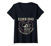 Femme Elder Emo Never A Phase - Squelette de Chat Gothique T-Shirt avec Col en V