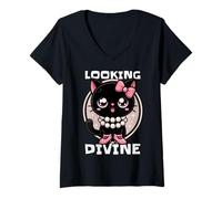 Femme Élégance avec une touche féline. Chat. L'air divin. T-Shirt avec Col en V