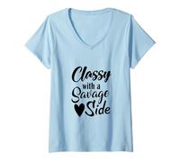 Femme Élégant avec Un côté Sauvage (Dicton Amusant) T-Shirt avec Col en V