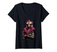 Femme Élégant Coq Portrait Mode Oiseau vin Rouge Graphique drôle T-Shirt avec Col en V