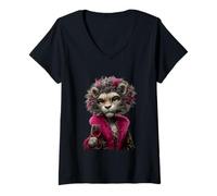 Femme Élégant Portrait de lionne félin vin Rose Graphique Mode T-Shirt avec Col en V
