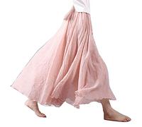 Femme Élégante Pure Couleur Évasé Jupe Longue Maxi en Coton et Lin Couche Double Taille Elastique Longueur de la Cheville Jupe plissée de Plage Unie 1 L