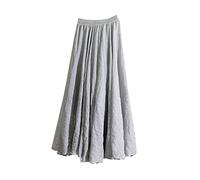 Femme Élégante Pure Couleur Évasé Jupe Longue Maxi en Coton et Lin Couche Double Taille Elastique Longueur de la Cheville Jupe plissée de Plage Unie Gris Clair L