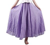 Femme Élégante Pure Couleur Évasé Jupe Longue Maxi en Coton et Lin Couche Double Taille Elastique Longueur de la Cheville Jupe plissée de Plage Unie Mauve L