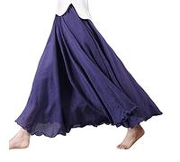 Femme Élégante Pure Couleur Évasé Jupe Longue Maxi en Coton et Lin Couche Double Taille Elastique Longueur de la Cheville Jupe plissée de Plage Unie Marine L