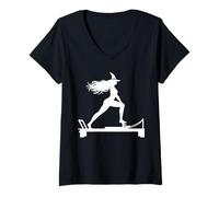 Femme Élégante sorcière Faisant Un réformateur Pilates Machine Halloween T-Shirt avec Col en V