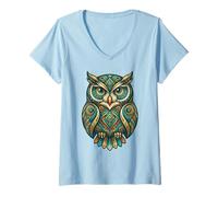 Femme Elemental Folk Art Owl Symmetrical Mandala Bird Graphic T-Shirt avec Col en V