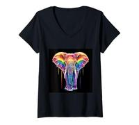 Femme Éléphant arc-en-ciel majestueux T-Shirt avec Col en V