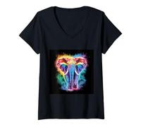 Femme Éléphant arc-en-ciel majestueux T-Shirt avec Col en V