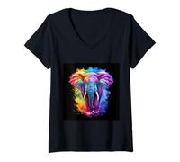Femme Éléphant arc-en-ciel majestueux T-Shirt avec Col en V