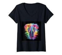 Femme Éléphant arc-en-ciel majestueux T-Shirt avec Col en V