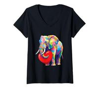 Femme Éléphant câlin Valentine Cœur Color Critters Rainbow T-Shirt avec Col en V