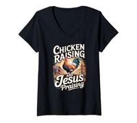 Femme Élevage de poulet et Jésus louant la ferme de campagne T-Shirt avec Col en V