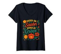 Femme Elevé sur Sazón, Saved by Grace, Latina with Faith & Flavor T-Shirt avec Col en V