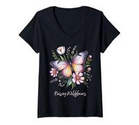 Femme Élever des Fleurs Sauvages Maman Fête des mères Papillon Fleurs Maman T-Shirt avec Col en V