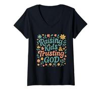 Femme Élever les enfants et faire confiance à Dieu Famille chrétienne maman et papa T-Shirt avec Col en V