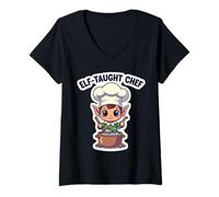 Femme Elf a enseigné à Un Chef Une Cuisine de Noël Amusante à Cuisiner Un dîner de Vacances T-Shirt avec Col en V