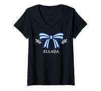 Femme Ellada Noeud Grèce Bleu Blanc rameaux d'olivier T-Shirt avec Col en V