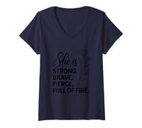 Femme Elle est Forte, courageuse et Pleine de feu T-Shirt avec Col en V