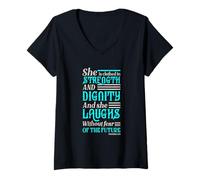 Femme Elle est habillée de force et de dignité et elle rit avec T-Shirt avec Col en V
