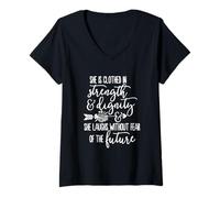 Femme Elle est revêtue de Force et de dignité, Verset biblique, chrétienne T-Shirt avec Col en V